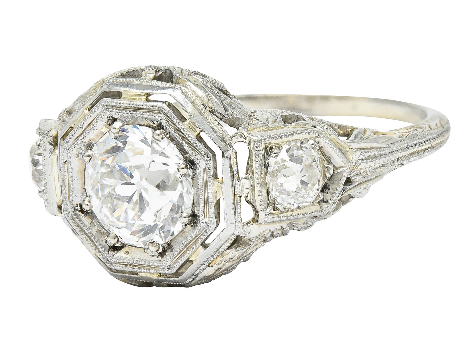 Women's or Men's Art Deco 1.41 Carats Diamond 18 Karat White Gold Floral Engagement Ring GIA For Sale
