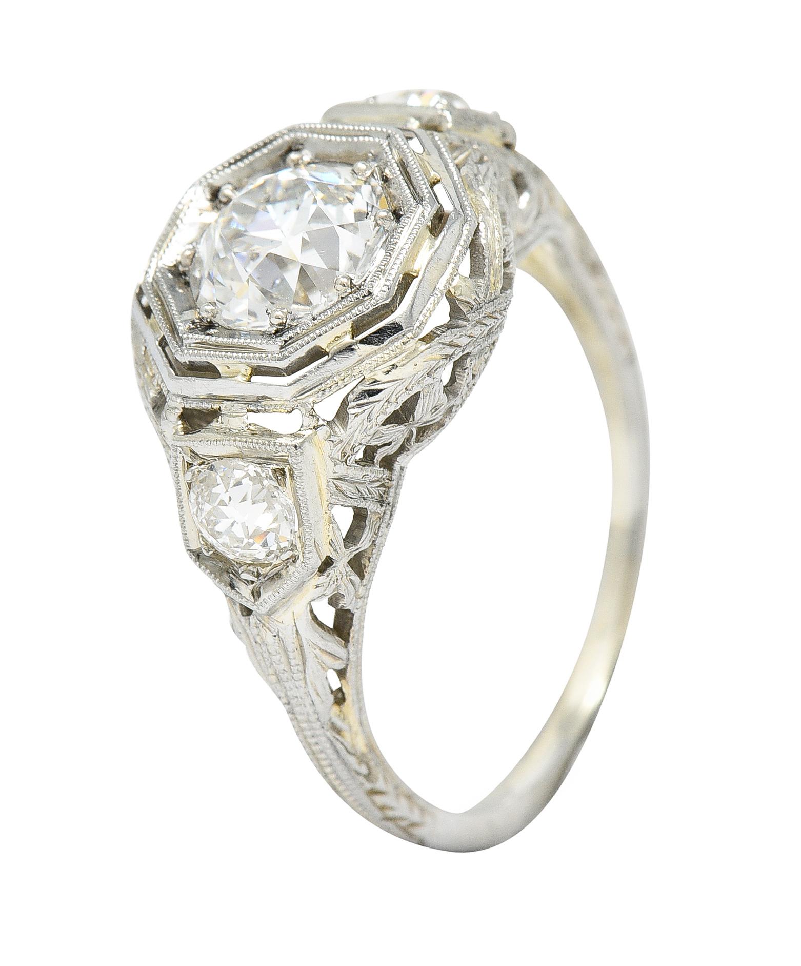 Art Deco 1.41 Carats Diamond 18 Karat White Gold Floral Engagement Ring GIA For Sale 2