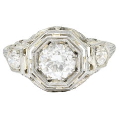 Art Deco 1.41 Carats Diamond 18 Karat White Gold Floral Engagement Ring GIA