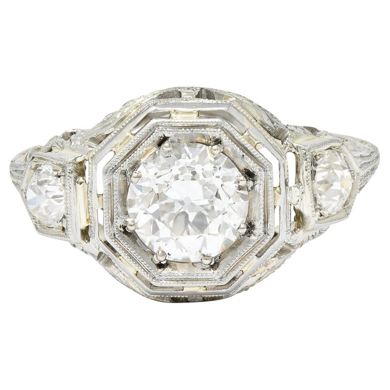 Bague Or 18 Carats Blanc - Fleur Sertie De Diamants 3,2 Carats - Poids 5,62 G, Taille 54 - Occasion