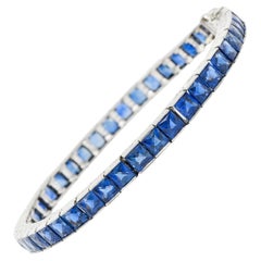 Art Deco 14.10 Carats French Cut Sapphire Platinum Line Bracelet