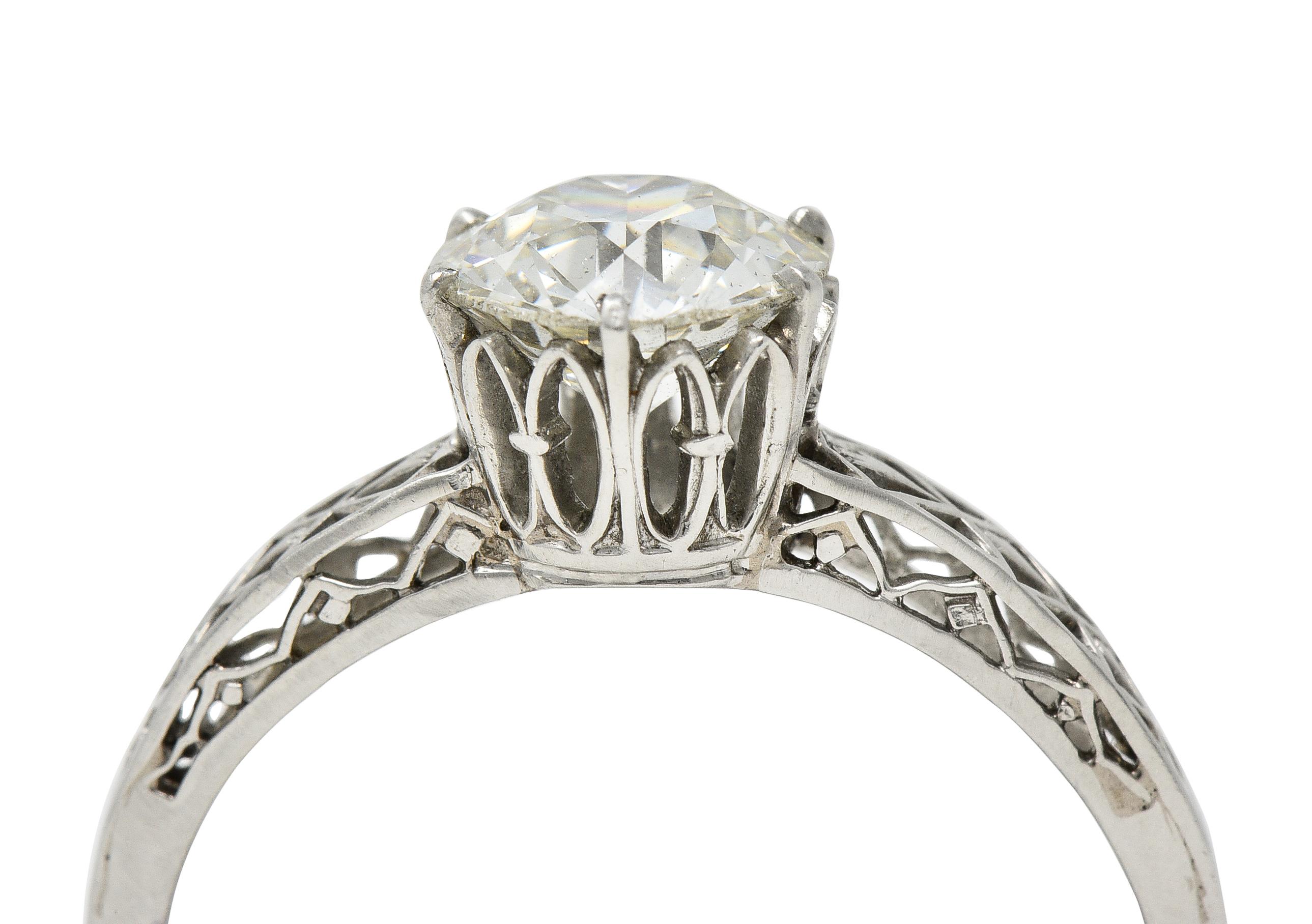 Art Deco 1.42 Carats Platinum Fleur-De-Lis Trellis Solitaire Engagement Ring For Sale 1