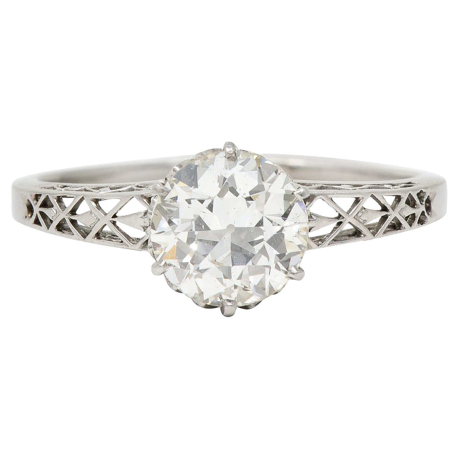 Art Deco 1.42 Carats Platinum Fleur-De-Lis Trellis Solitaire Engagement Ring For Sale