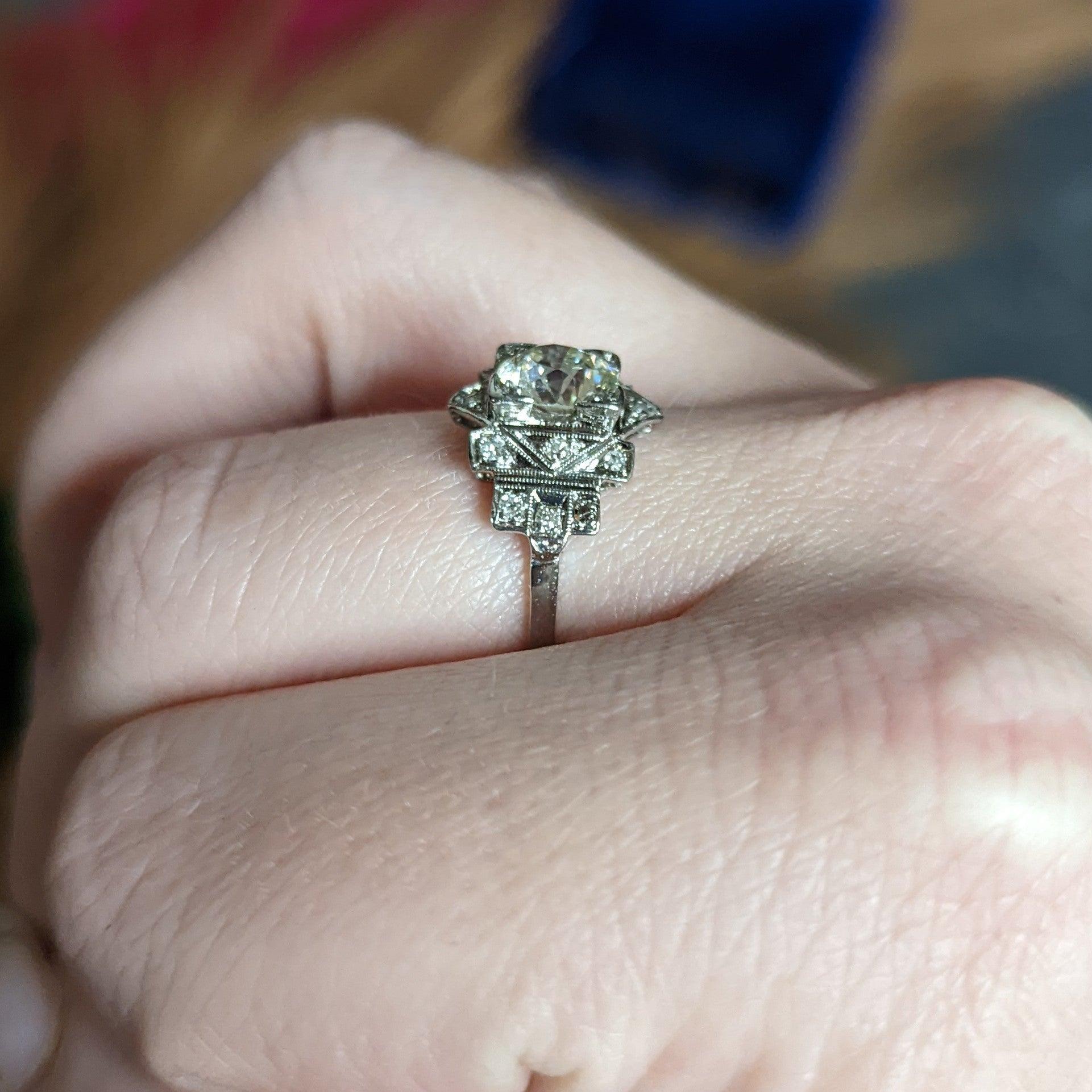 Art Deco 1.42 CTW Diamond Platinum Geometric Engagement Ring GIA For Sale 6
