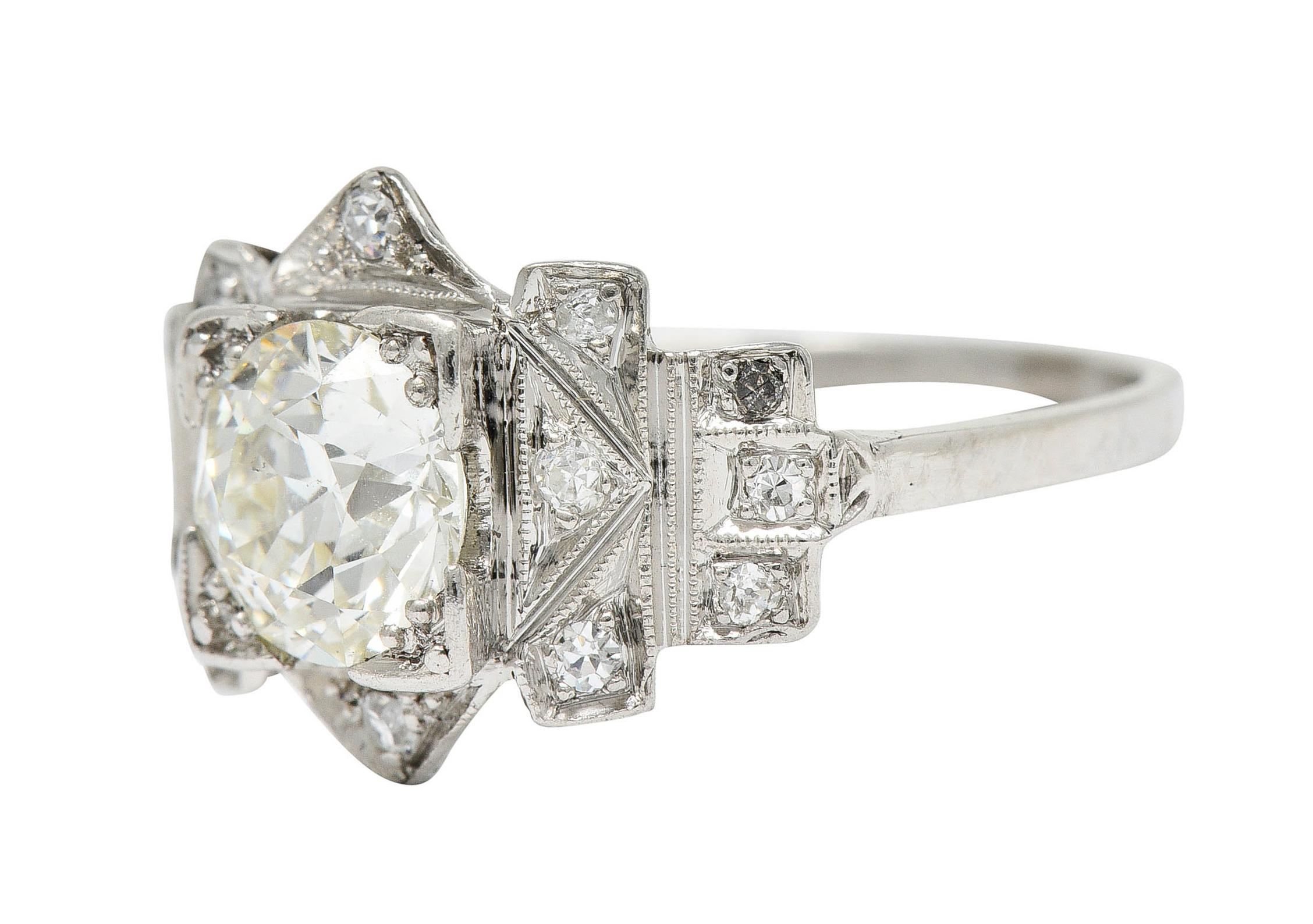 Women's or Men's Art Deco 1.42 CTW Diamond Platinum Geometric Engagement Ring GIA For Sale