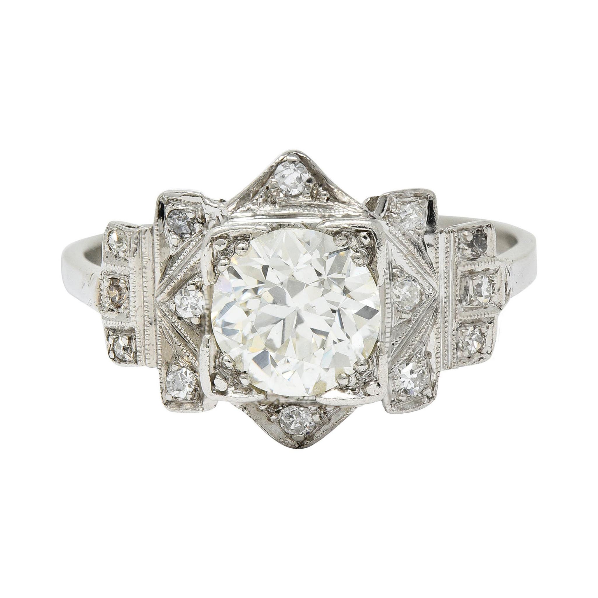 Art Deco 1.42 CTW Diamond Platinum Geometric Engagement Ring GIA For Sale