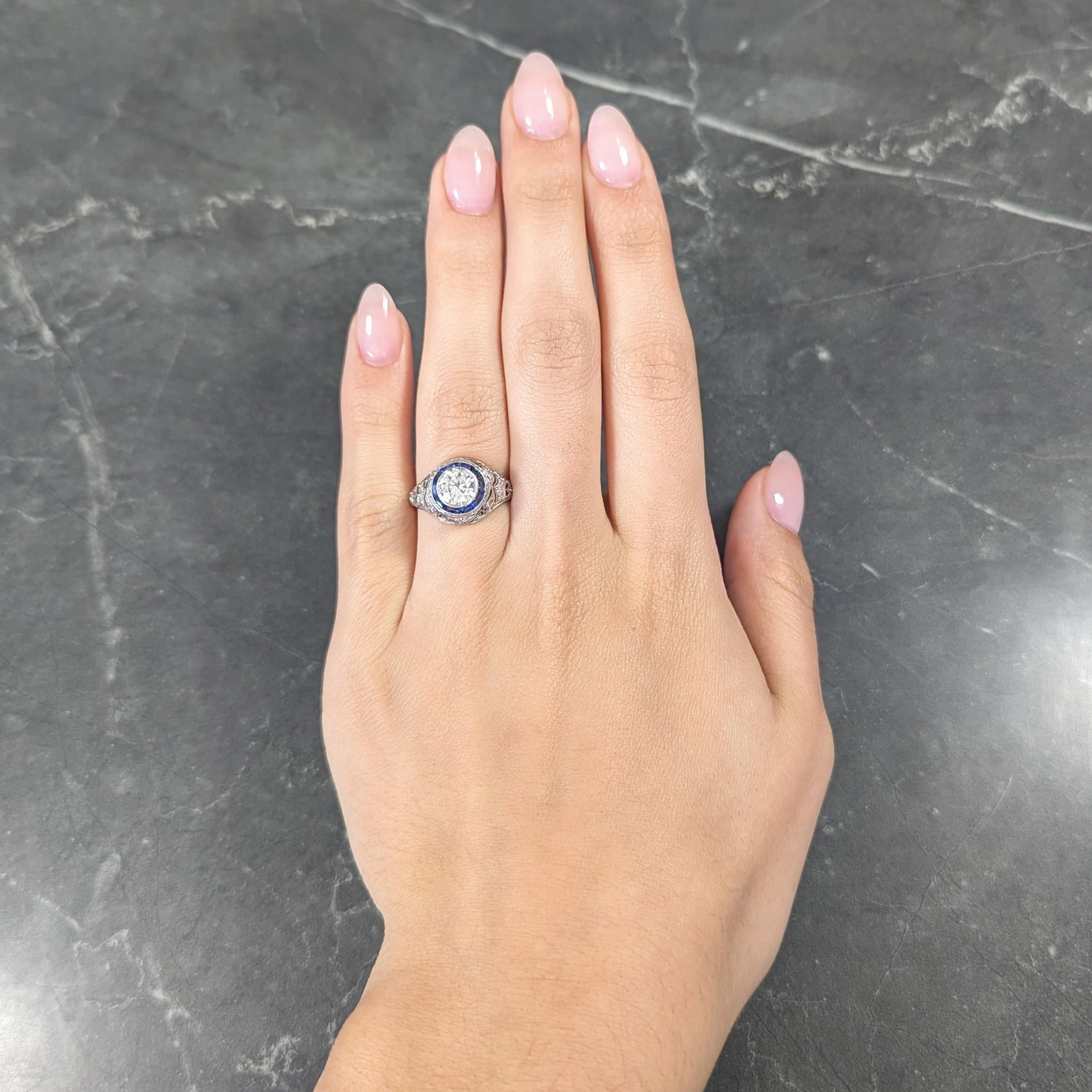 Art Deco 1.43 Carats Diamond Sapphire Halo Greek Key Foliate Engagement Ring For Sale 4