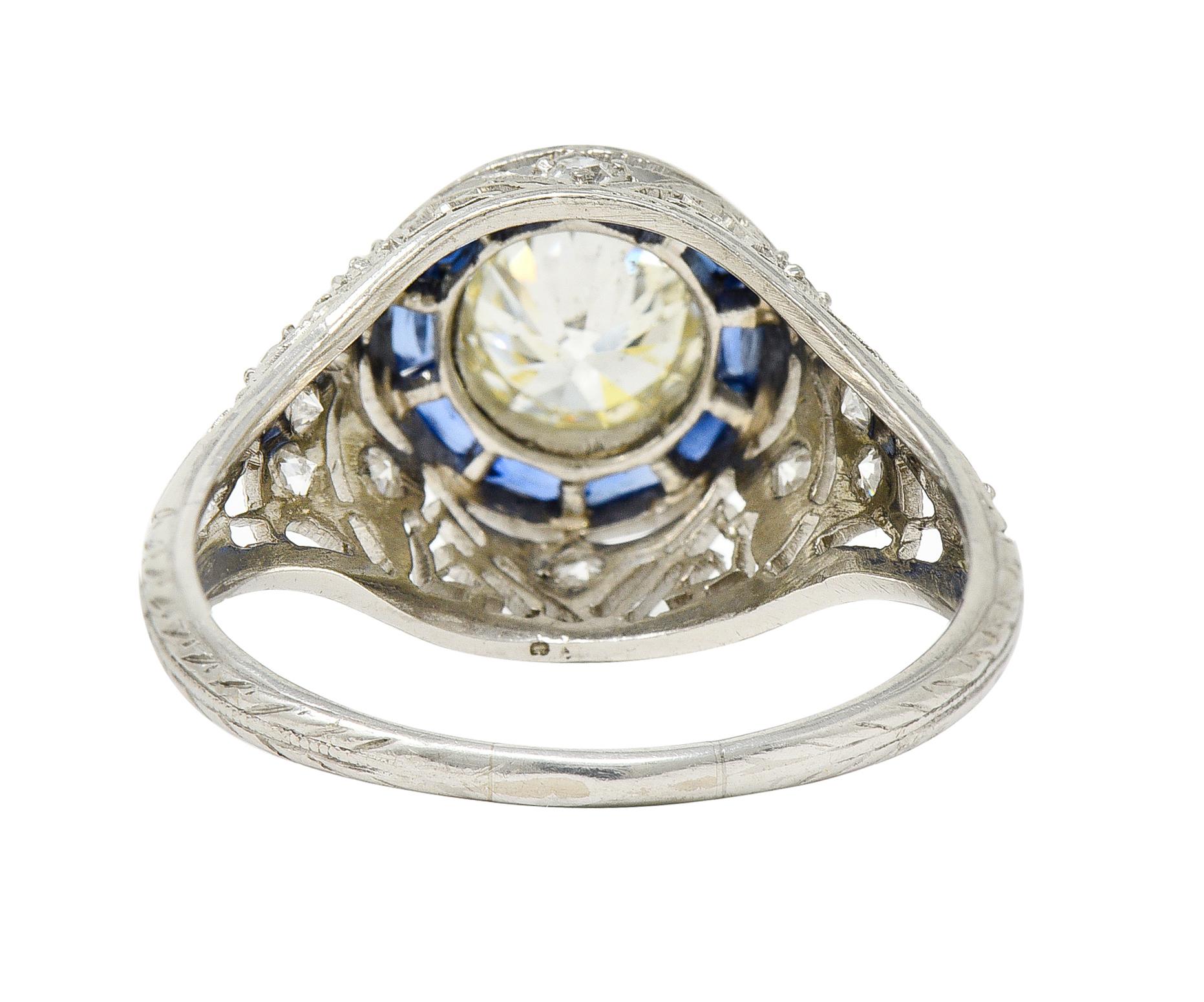 Old European Cut Art Deco 1.43 Carats Diamond Sapphire Halo Greek Key Foliate Engagement Ring For Sale