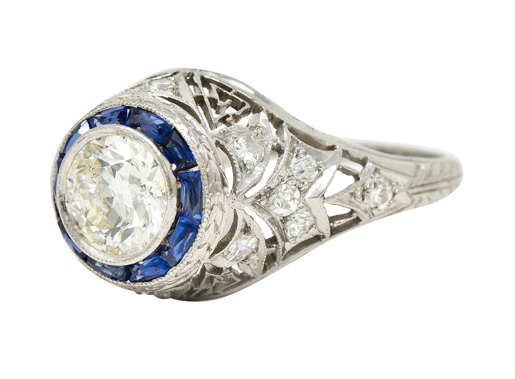 Women's or Men's Art Deco 1.43 Carats Diamond Sapphire Halo Greek Key Foliate Engagement Ring For Sale