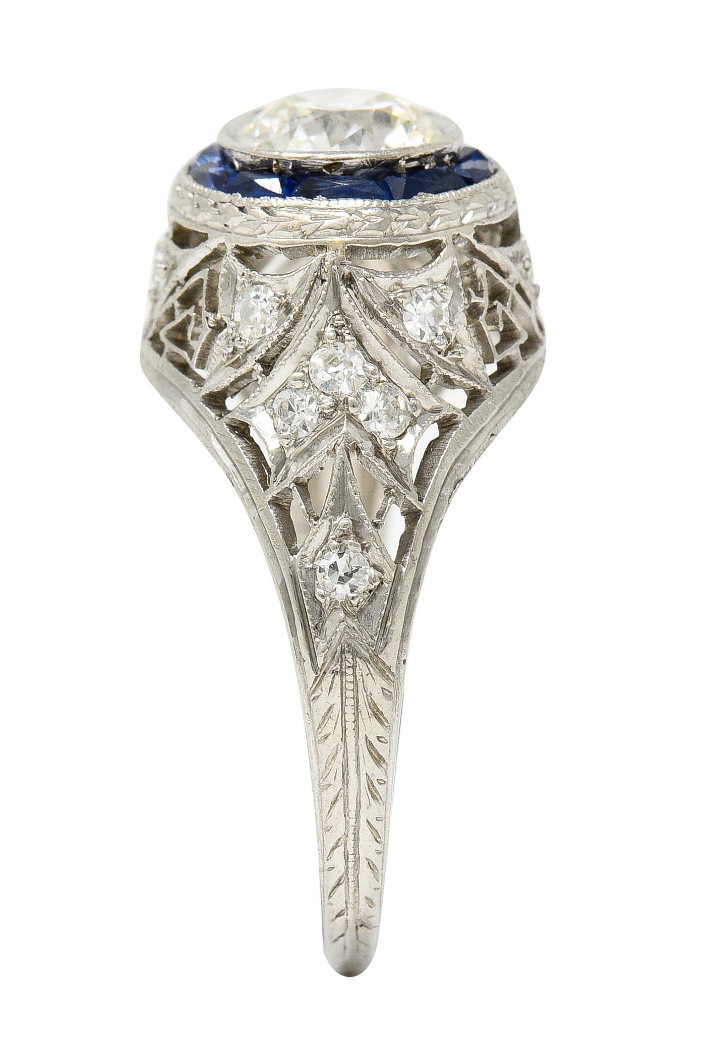Art Deco 1.43 Carats Diamond Sapphire Halo Greek Key Foliate Engagement Ring For Sale 2