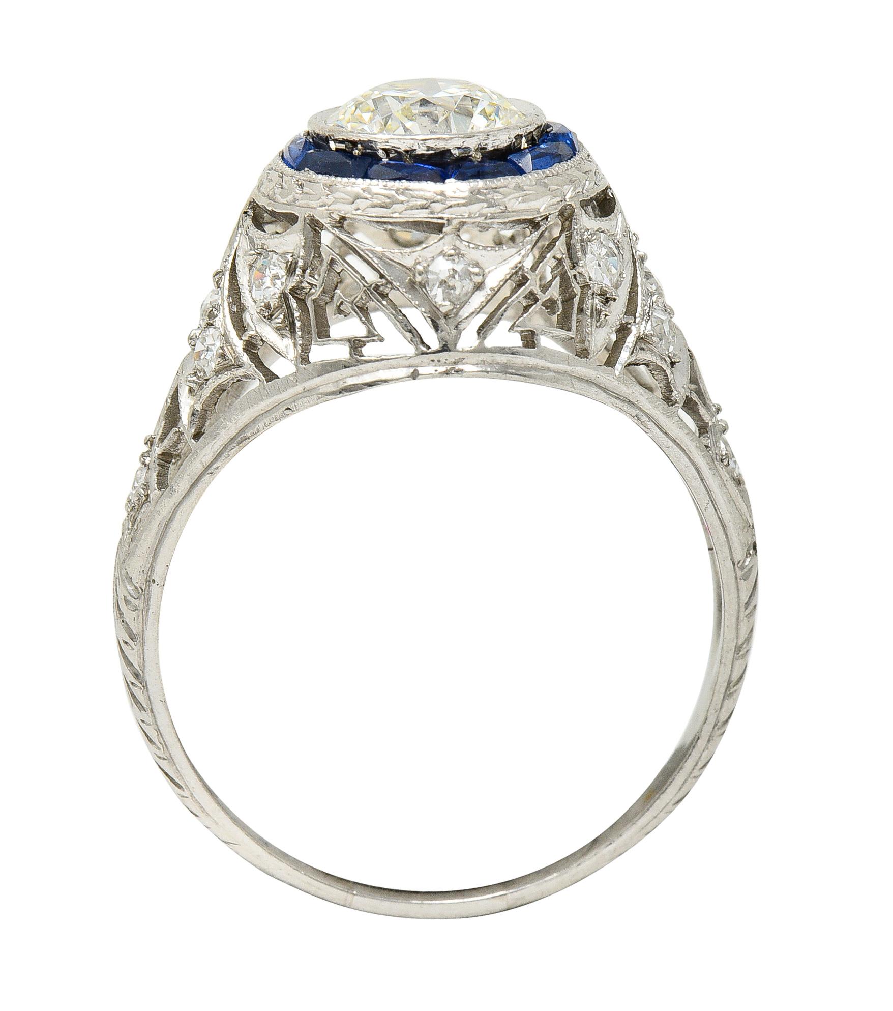 Art Deco 1.43 Carats Diamond Sapphire Halo Greek Key Foliate Engagement Ring For Sale 3