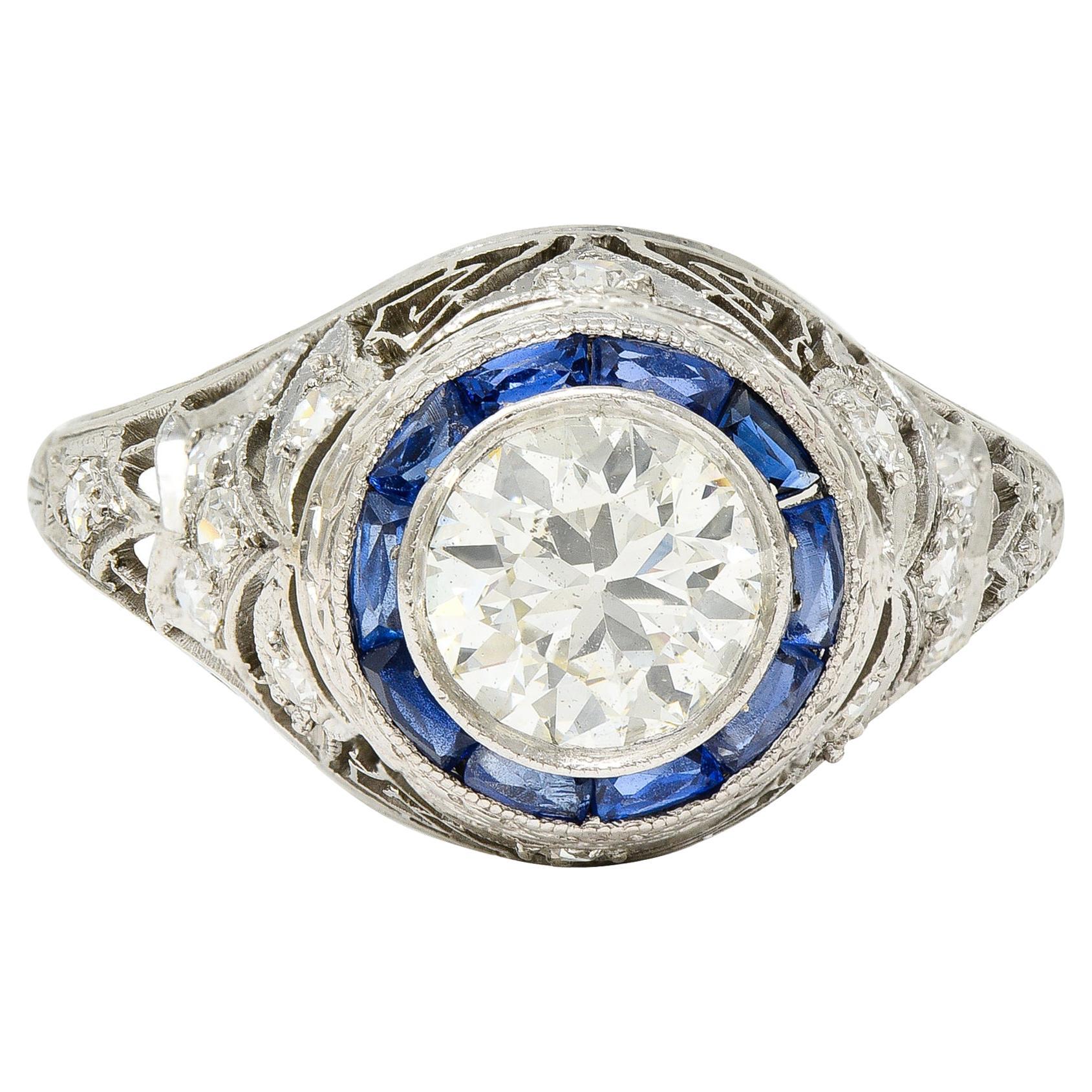 Art Deco 1.43 Carats Diamond Sapphire Halo Greek Key Foliate Engagement Ring For Sale