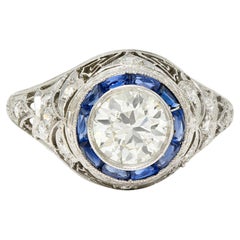 Vintage Art Deco 1.43 Carats Diamond Sapphire Halo Greek Key Foliate Engagement Ring