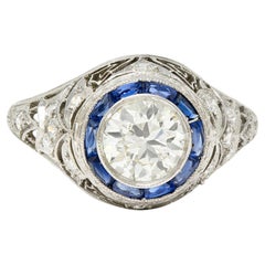 Anillo de compromiso Art Déco 1,43 quilates Zafiro Diamante Halo Llave Griega Foliada