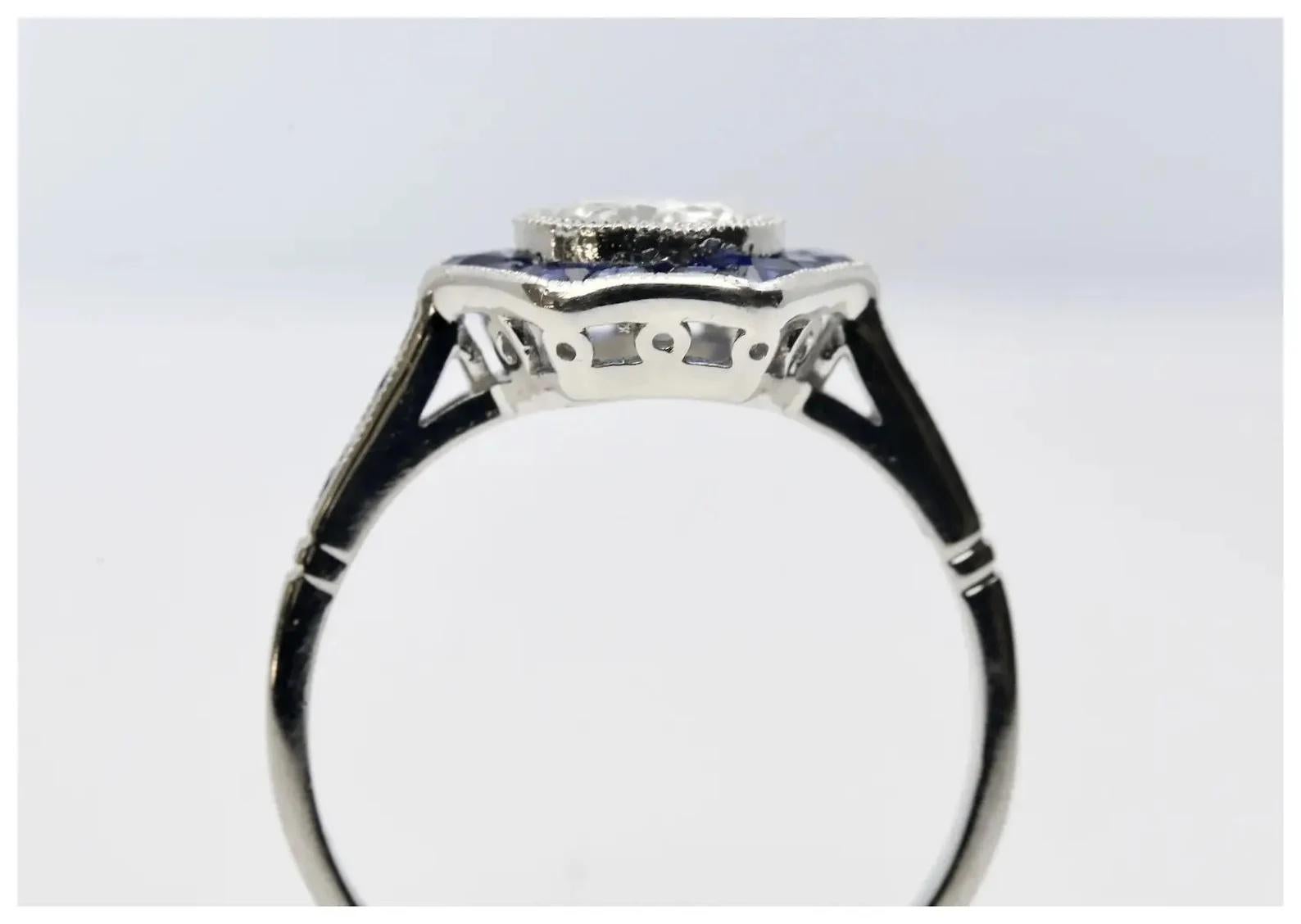 Women's Art Deco 1.43 CTW Diamond & French Cut Sapphire Target Engagement Ring in Platin For Sale