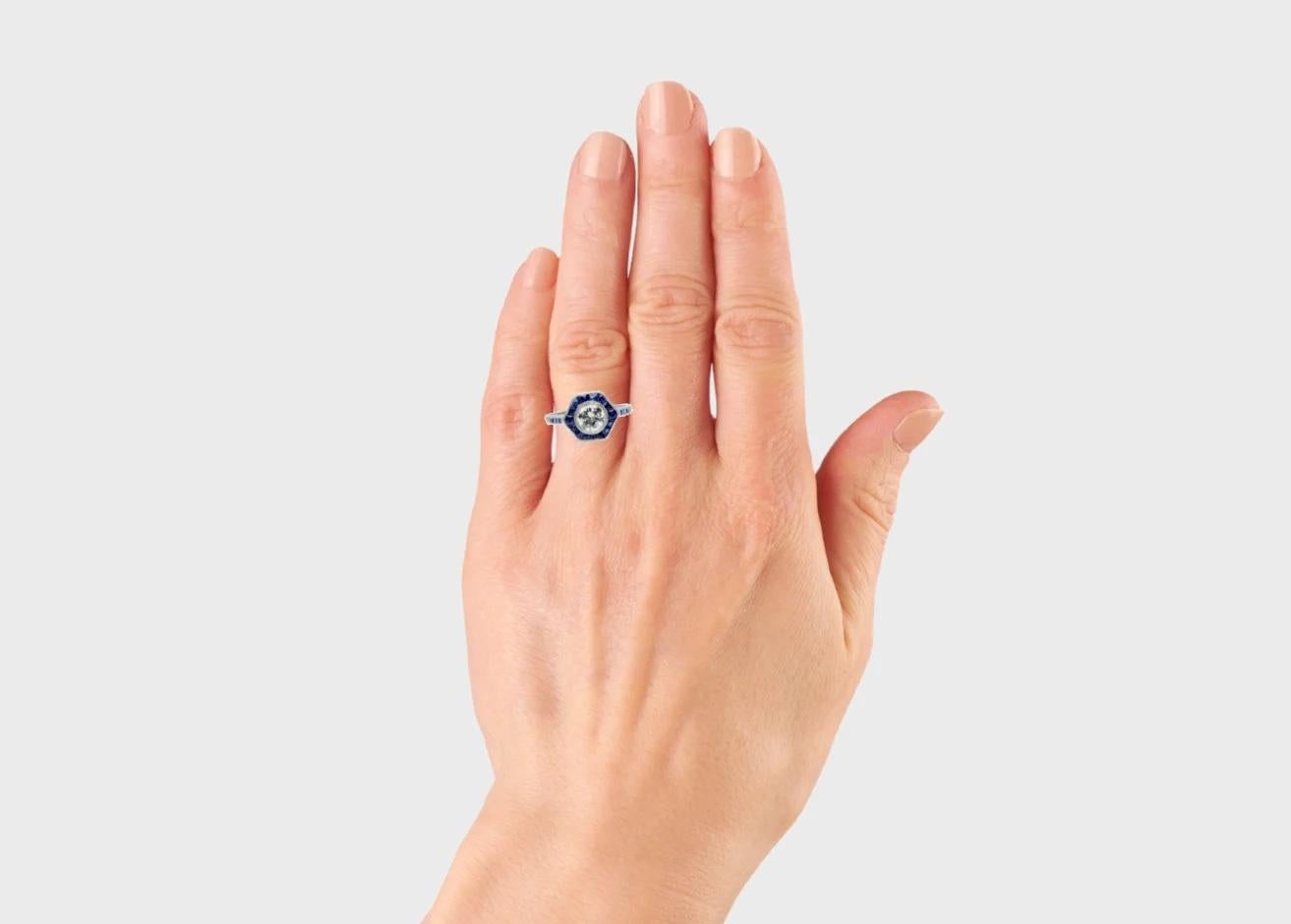 Art Deco 1,43 Karat Diamant & Französisch geschliffener Saphir Target Verlobungsring in Platin im Zustand „Hervorragend“ im Angebot in Boston, MA