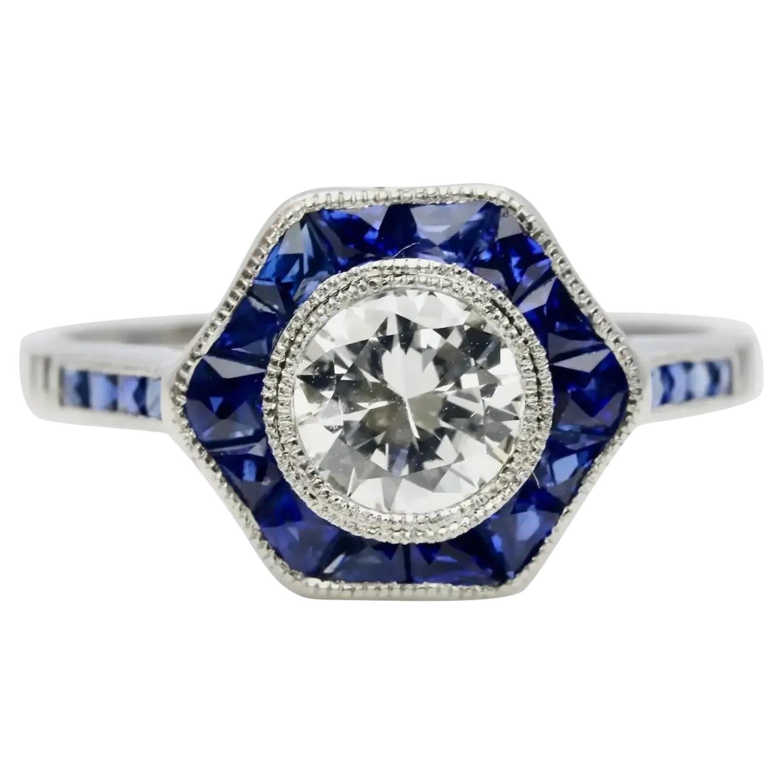 Art Deco 1.43 CTW Diamond & French Cut Sapphire Target Engagement Ring in Platin For Sale