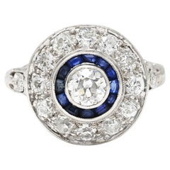 Art Deco 1.44 Carat Old European Cut Diamond Sapphire Platinum Double Halo Ring