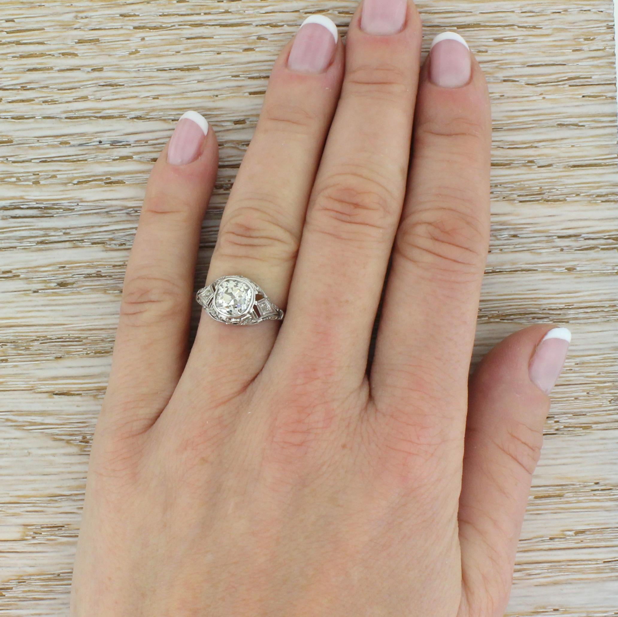 Art Deco 1.44 Carat Old Mine Cut Diamond Platinum Engagement Ring For Sale 1