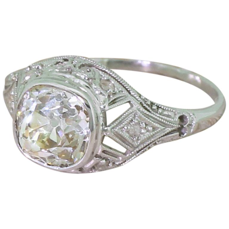 Art Deco 1.44 Carat Old Mine Cut Diamond Platinum Engagement Ring For Sale