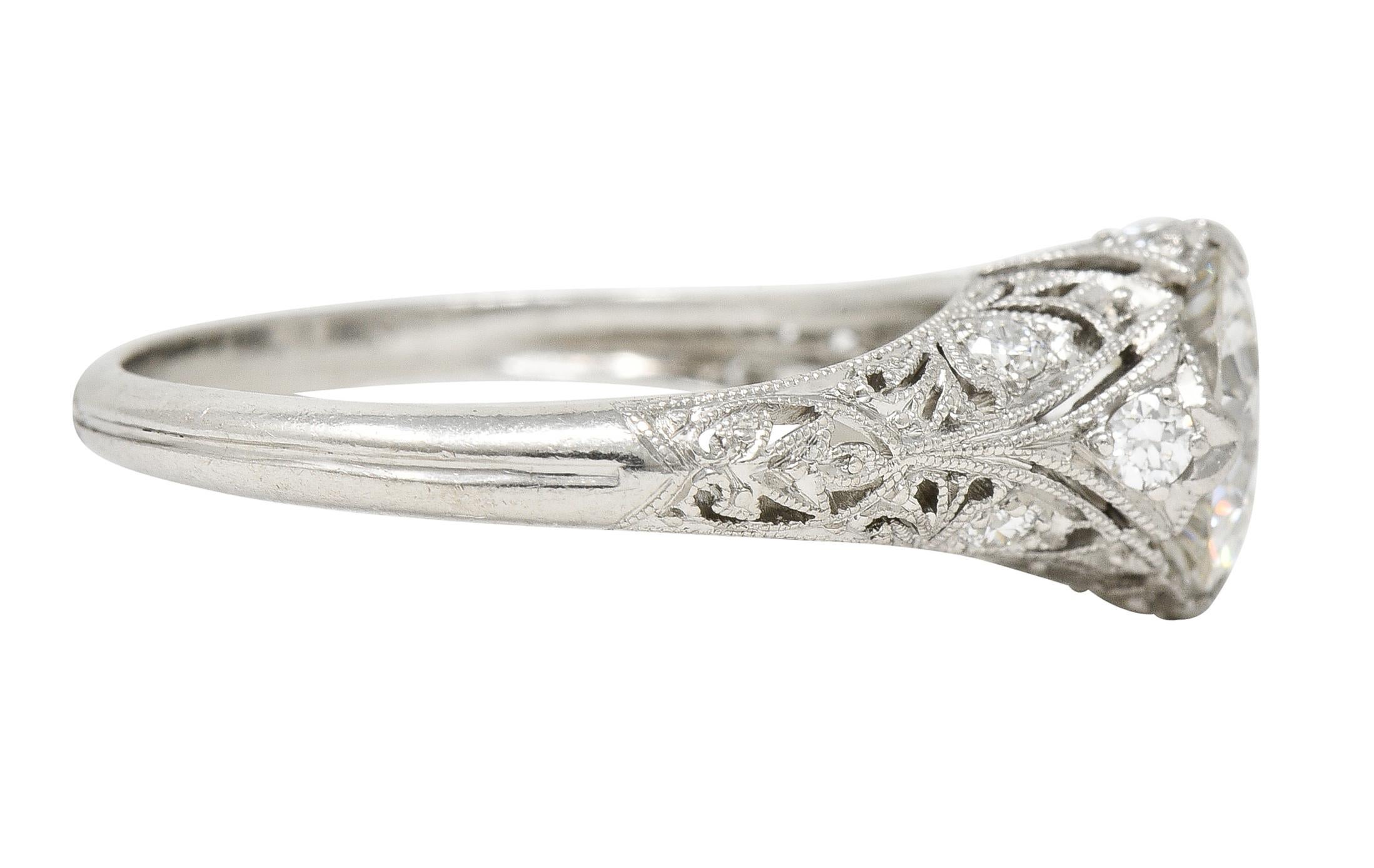 Old European Cut Art Deco 1.44 Carats Diamond Platinum Fleur-De-Lis Engagement Ring