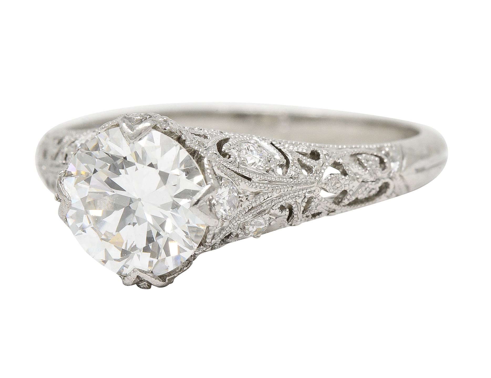Art Deco 1.44 Carats Diamond Platinum Fleur-De-Lis Engagement Ring 1
