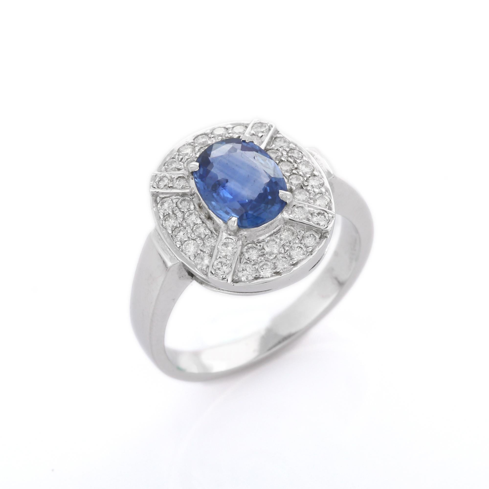 For Sale:  Art Deco Style 1.44 Ct Blue Sapphire Diamond Wedding Ring in 18K White Gold 4