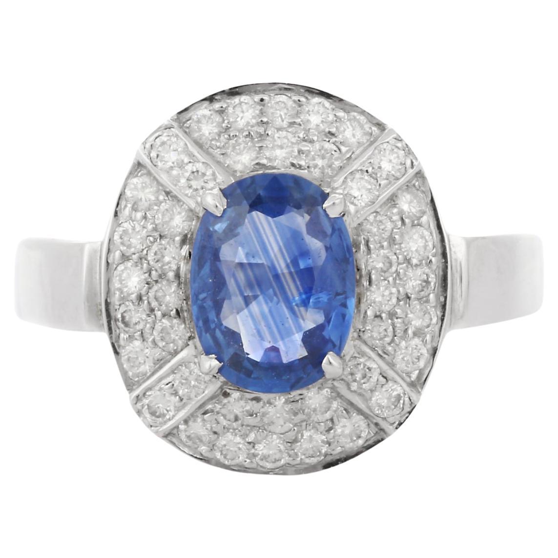 For Sale:  Art Deco Style 1.44 Ct Blue Sapphire Diamond Wedding Ring in 18K White Gold