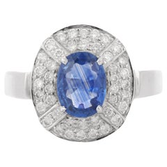 Art Deco Style 1.44 Ct Blue Sapphire Diamond Wedding Ring in 18K White Gold