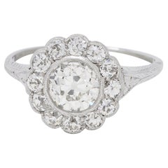 Art Deco 1.44 CTW Old European Cut Diamond 18 Karat White Gold Wheat Halo Ring