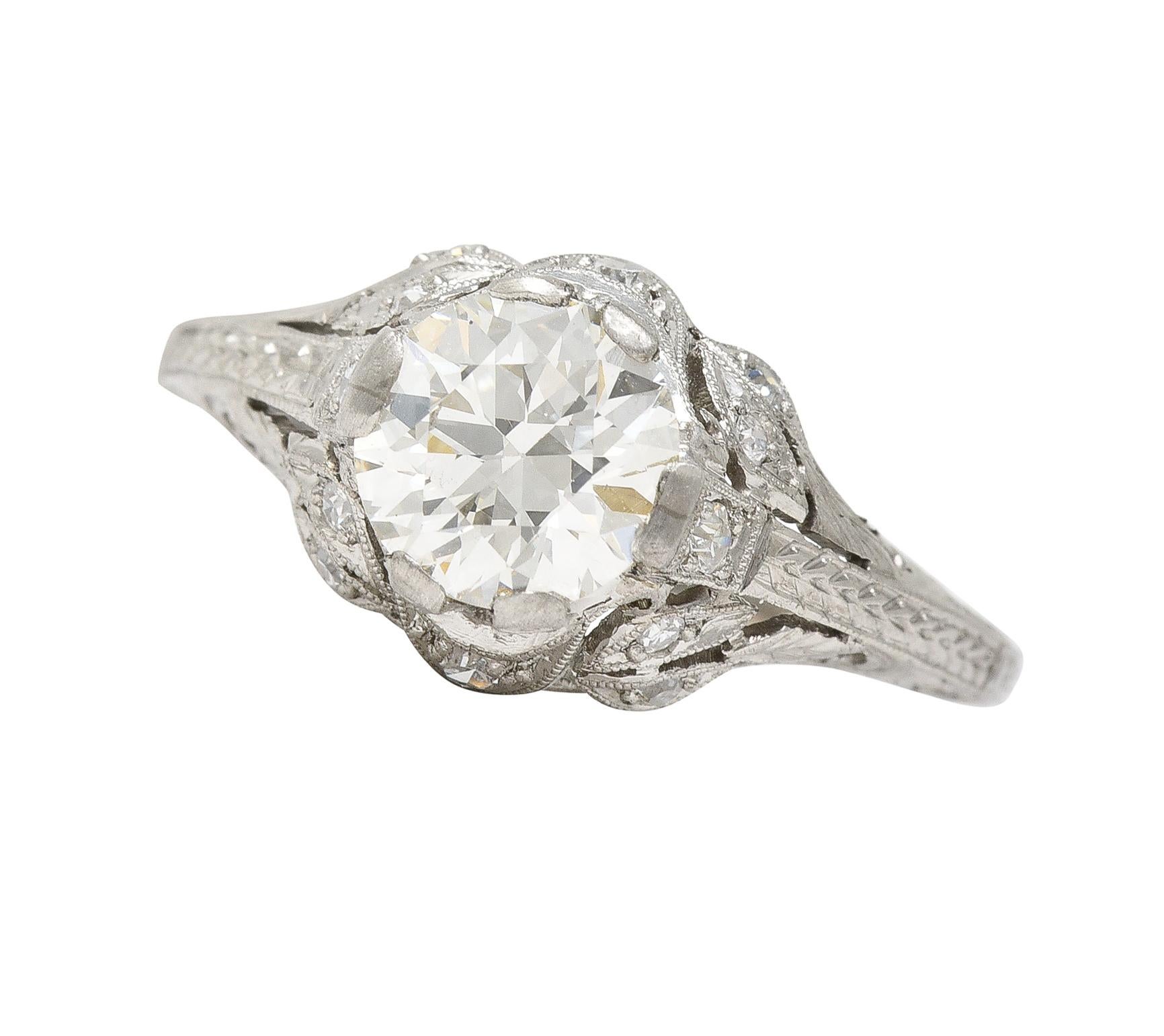 Art Deco 1.44 CTW Old European Diamond Platinum Foliate Vintage Engagement Ring For Sale 5