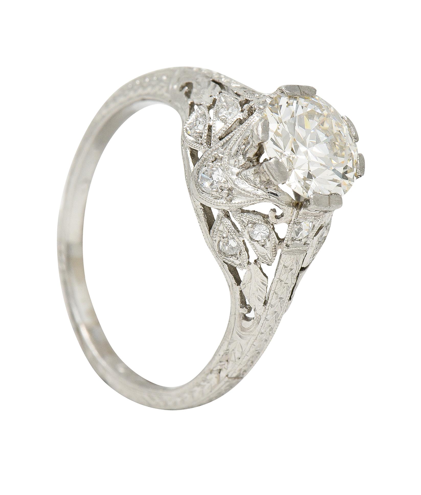 Art Deco 1.44 CTW Old European Diamond Platinum Foliate Vintage Engagement Ring For Sale 6