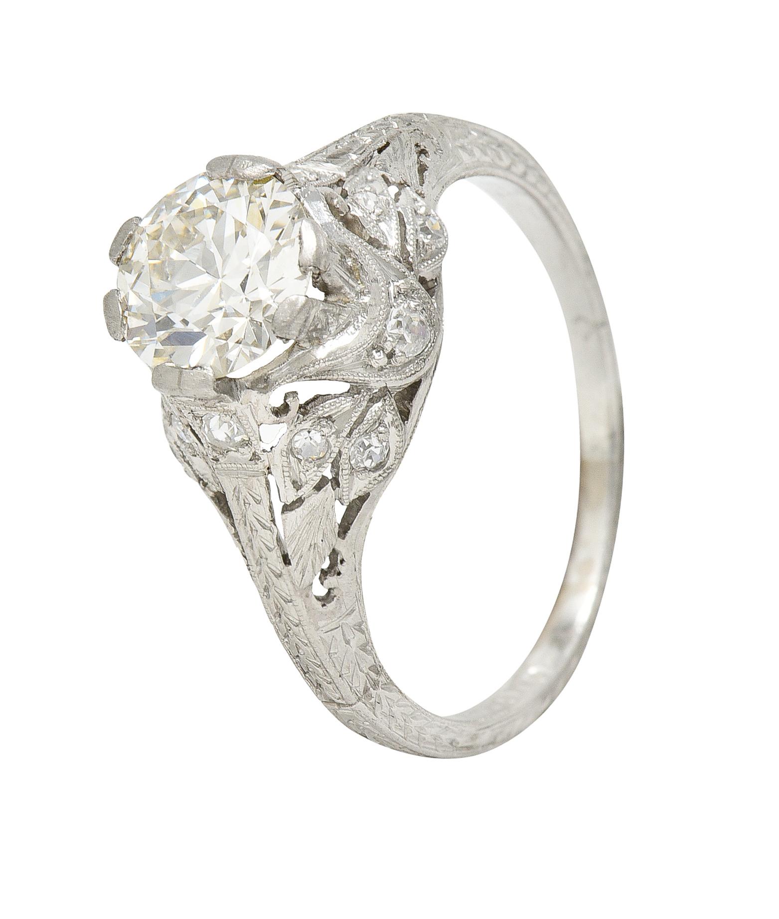 Art Deco 1.44 CTW Old European Diamond Platinum Foliate Vintage Engagement Ring For Sale 7