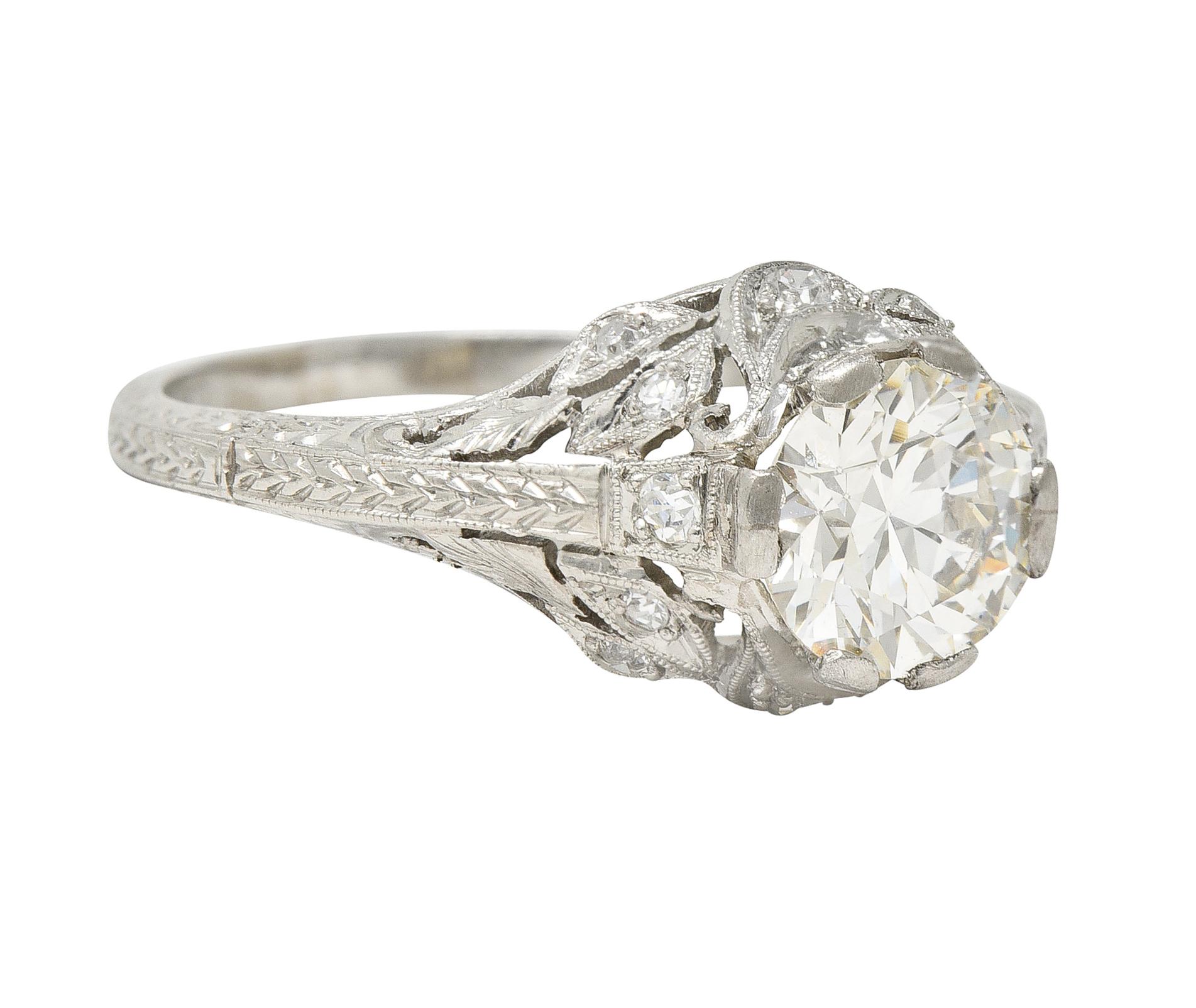 Old European Cut Art Deco 1.44 CTW Old European Diamond Platinum Foliate Vintage Engagement Ring For Sale