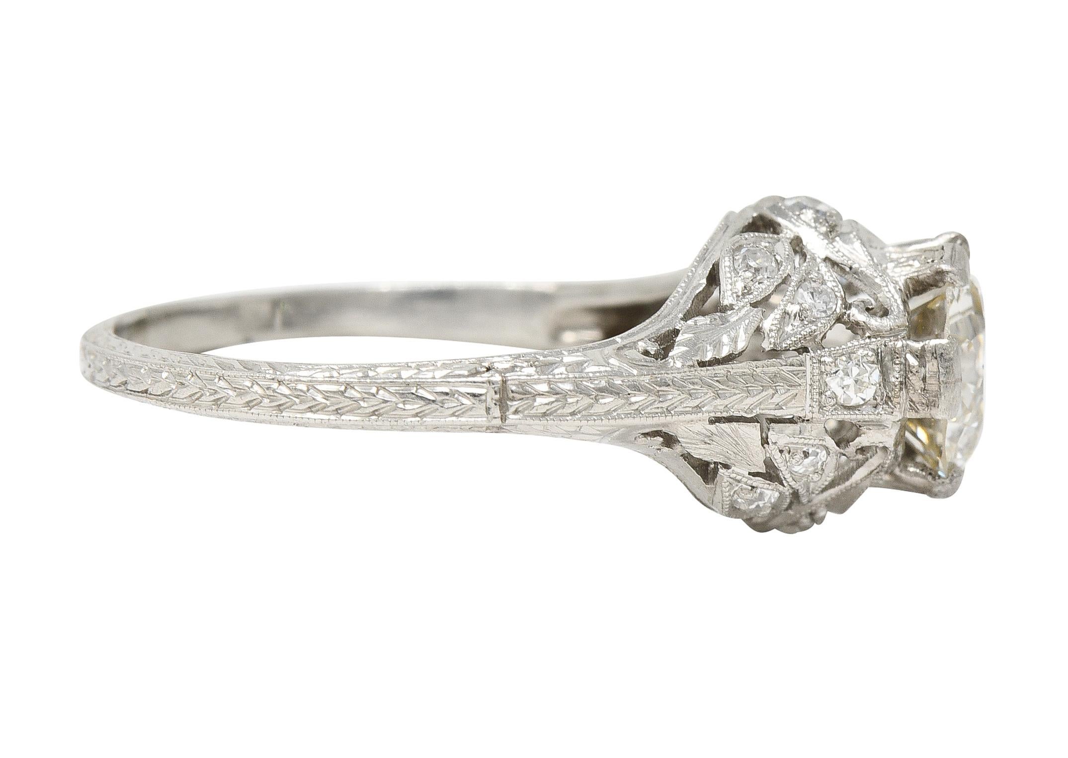 Art Deco 1.44 CTW Old European Diamond Platinum Foliate Vintage Engagement Ring In Excellent Condition For Sale In Philadelphia, PA