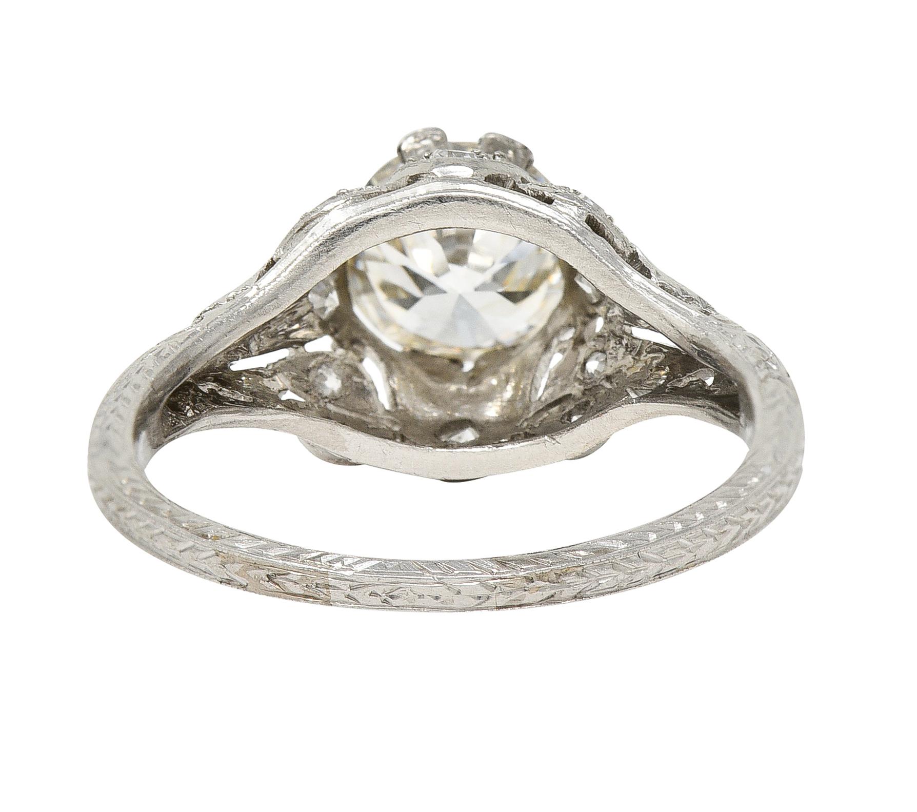 Women's or Men's Art Deco 1.44 CTW Old European Diamond Platinum Foliate Vintage Engagement Ring For Sale