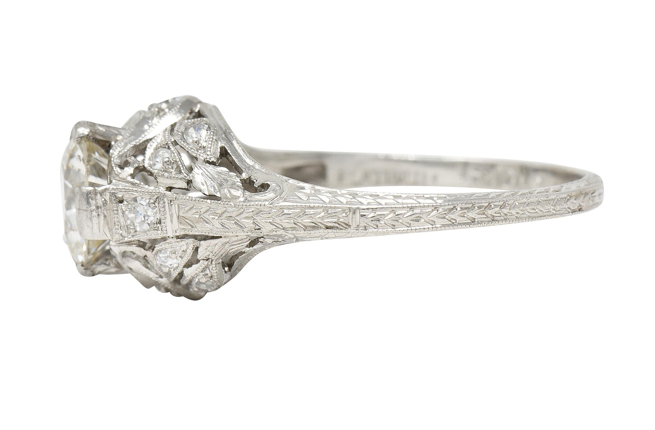 Art Deco 1.44 CTW Old European Diamond Platinum Foliate Vintage Engagement Ring For Sale 1