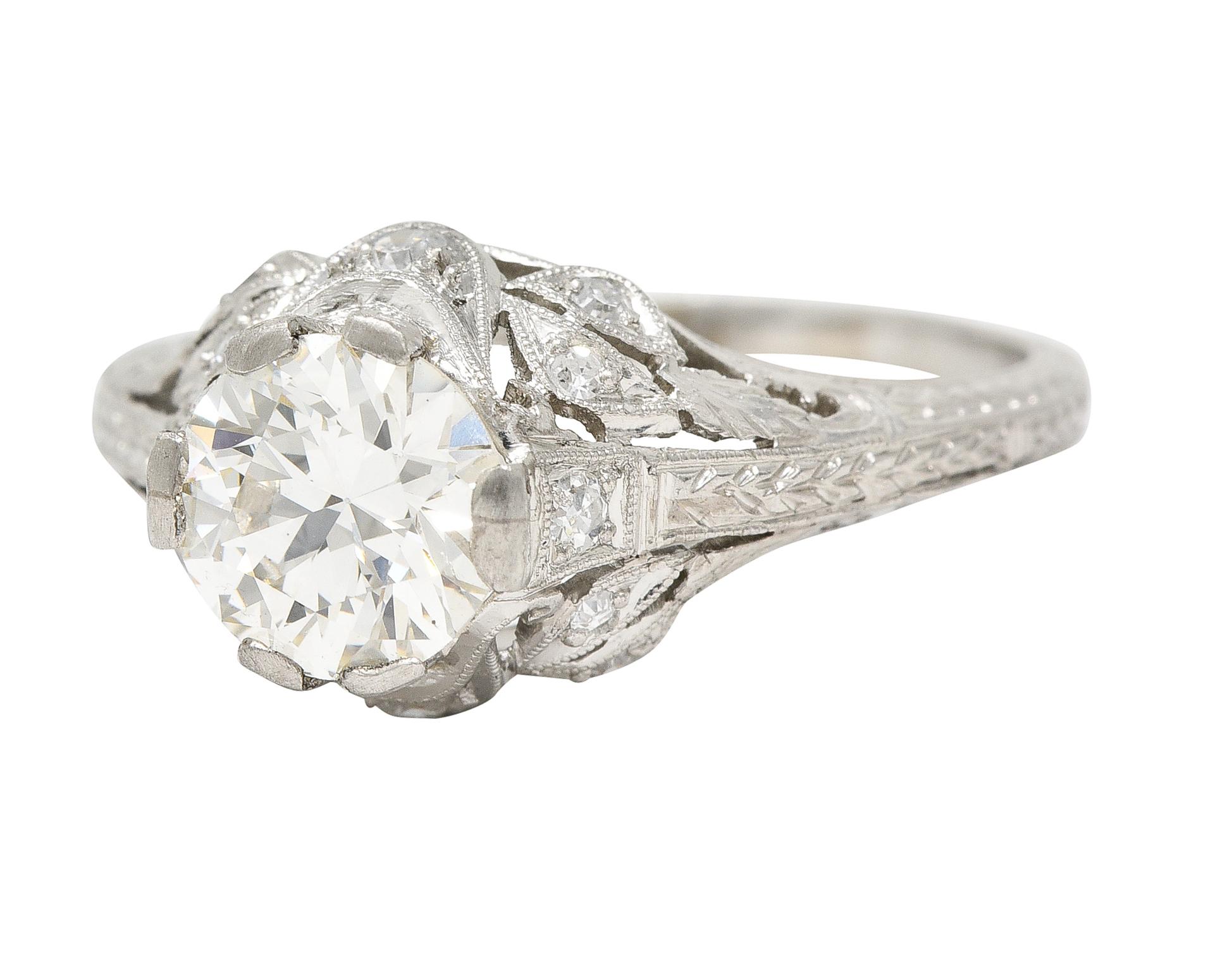 Art Deco 1.44 CTW Old European Diamond Platinum Foliate Vintage Engagement Ring For Sale 2