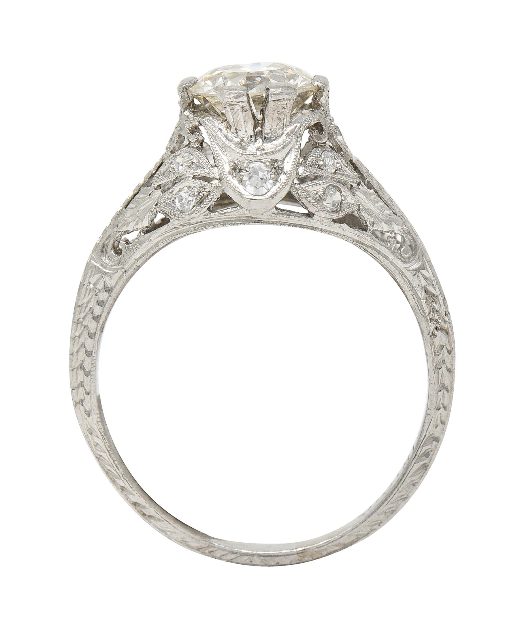 Art Deco 1.44 CTW Old European Diamond Platinum Foliate Vintage Engagement Ring For Sale 3