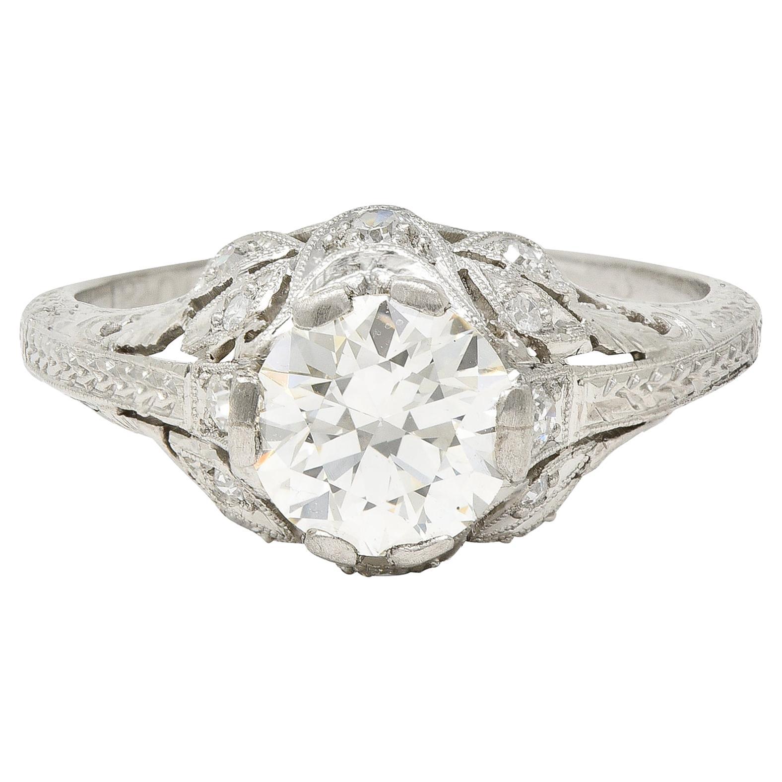 Art Deco 1.44 CTW Old European Diamond Platinum Foliate Vintage Engagement Ring For Sale