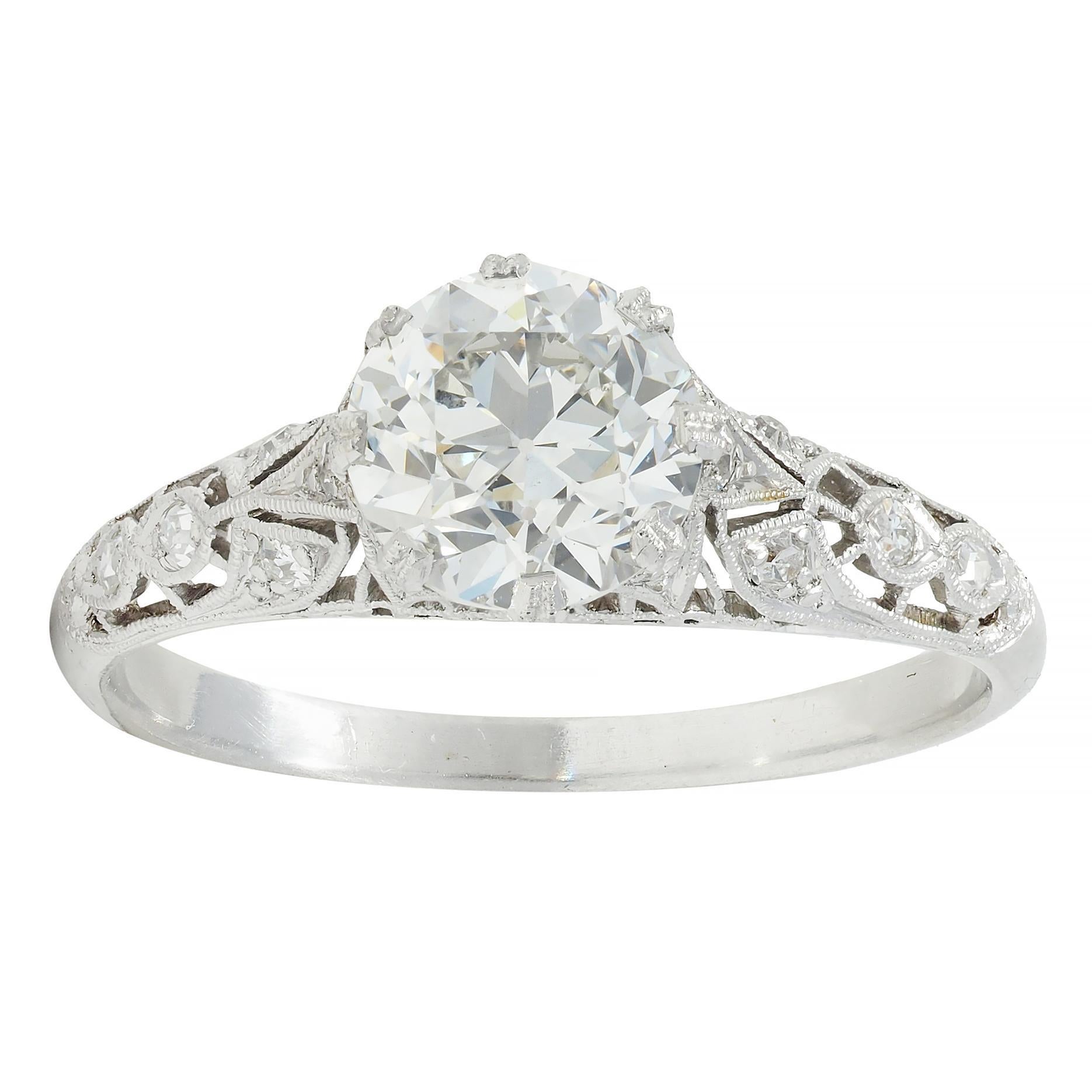 Art Deco 1.44 CTW Old European Diamond Platinum Vintage Engagement Ring GIA For Sale 3