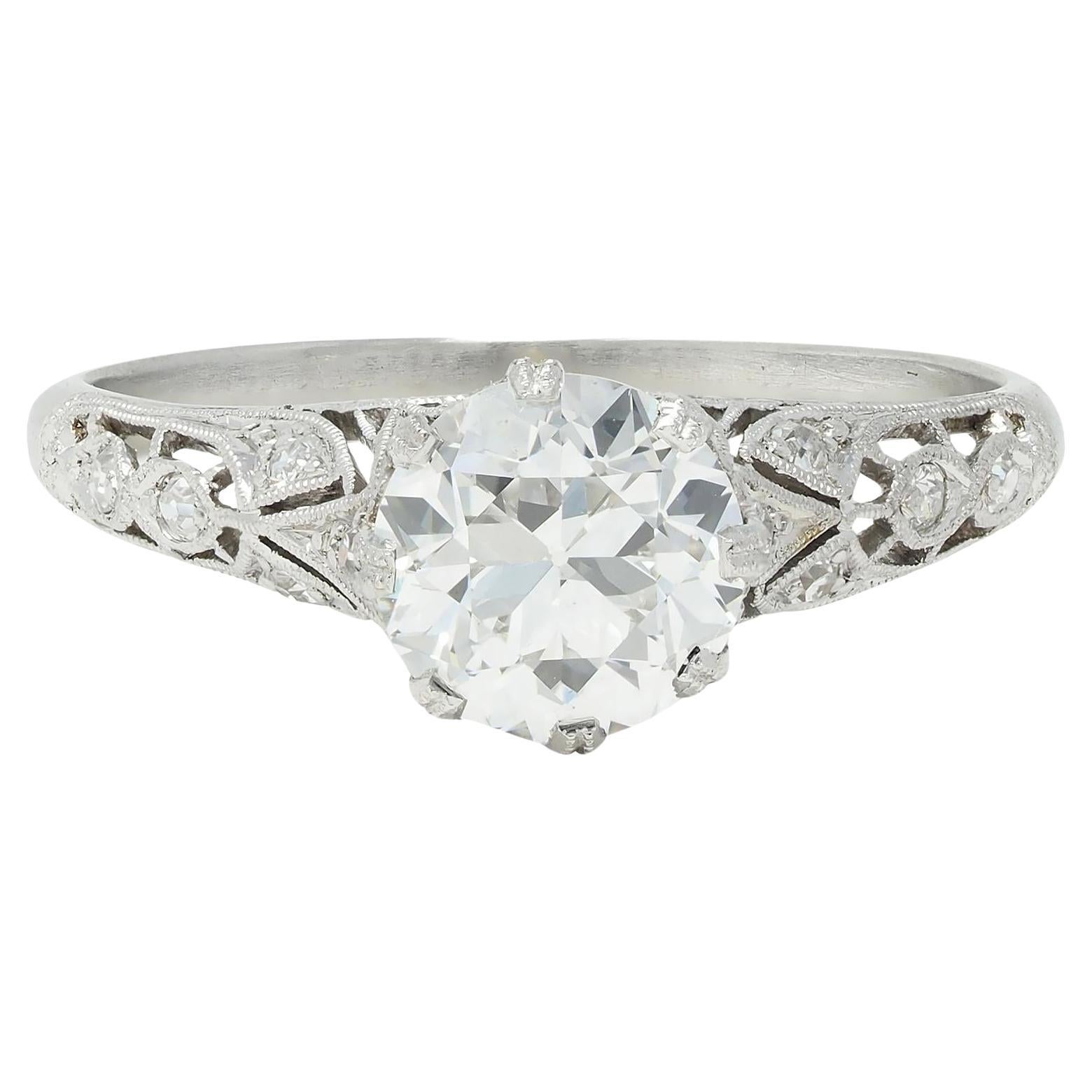 Art Deco 1.44 CTW Old European Diamond Platinum Vintage Engagement Ring GIA For Sale