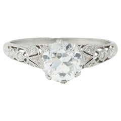 Bague de fiançailles vintage Art déco en platine avec diamant européen ancien de 1,44 carat, certifié GIA