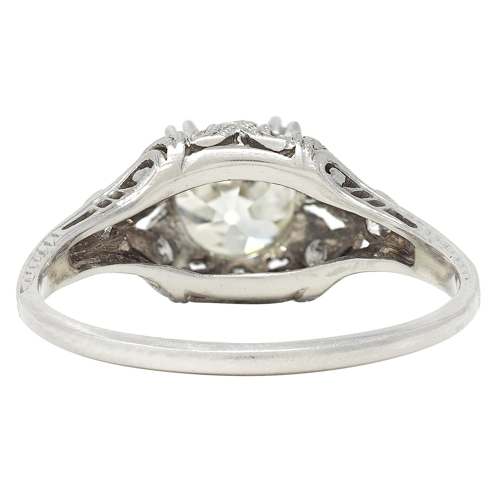 Anillo de compromiso Art Déco 1,44 CTW Diamante Mina Antigua Foliado Platino Vintage Talla antigua en venta