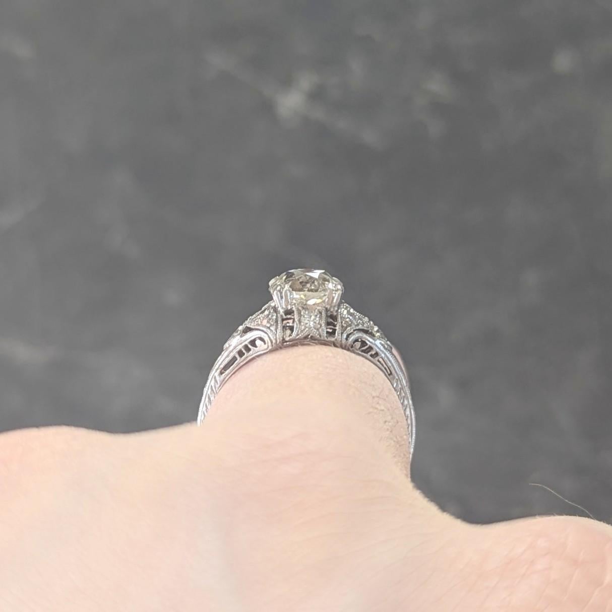 Anillo de compromiso Art Déco 1,44 CTW Diamante Mina Antigua Foliado Platino Vintage en venta 1