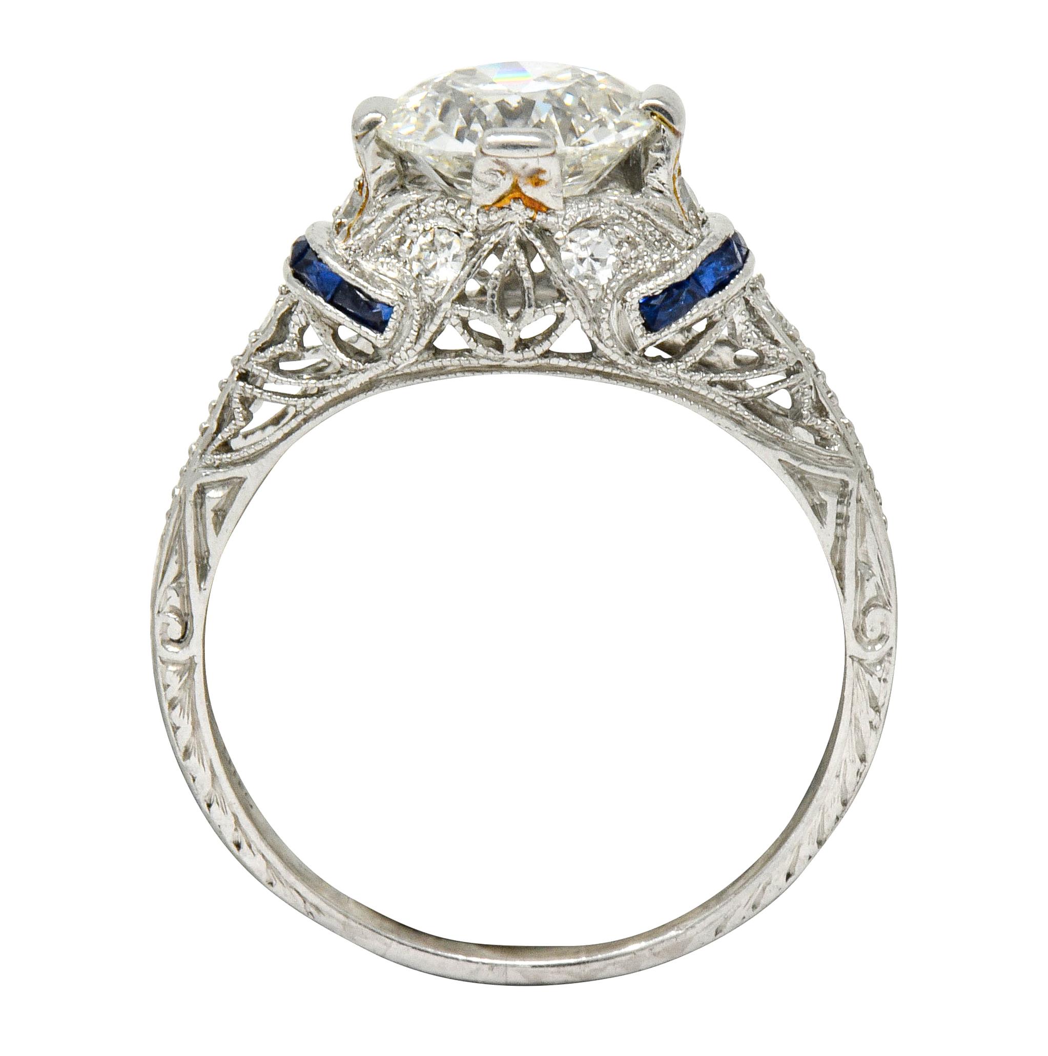 Art Deco 1.45 Carat Diamond Sapphire Platinum Engagement Ring 4