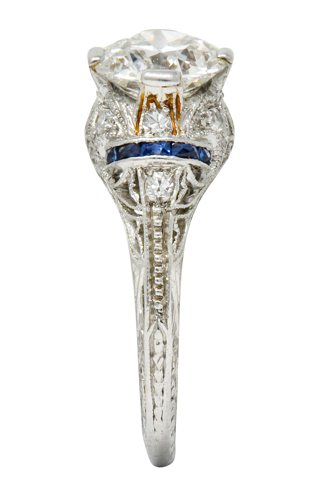 Art Deco 1.45 Carat Diamond Sapphire Platinum Engagement Ring 5