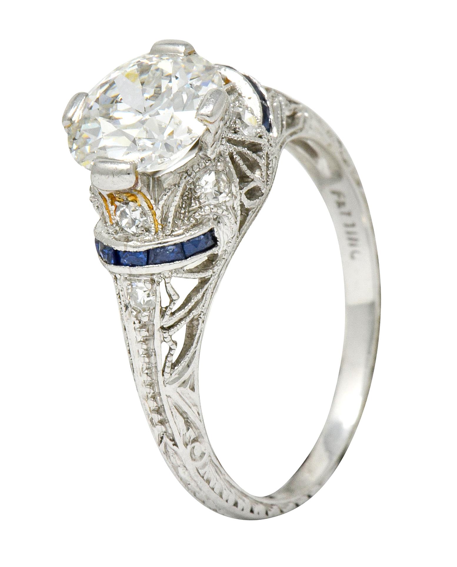 Art Deco 1.45 Carat Diamond Sapphire Platinum Engagement Ring 6