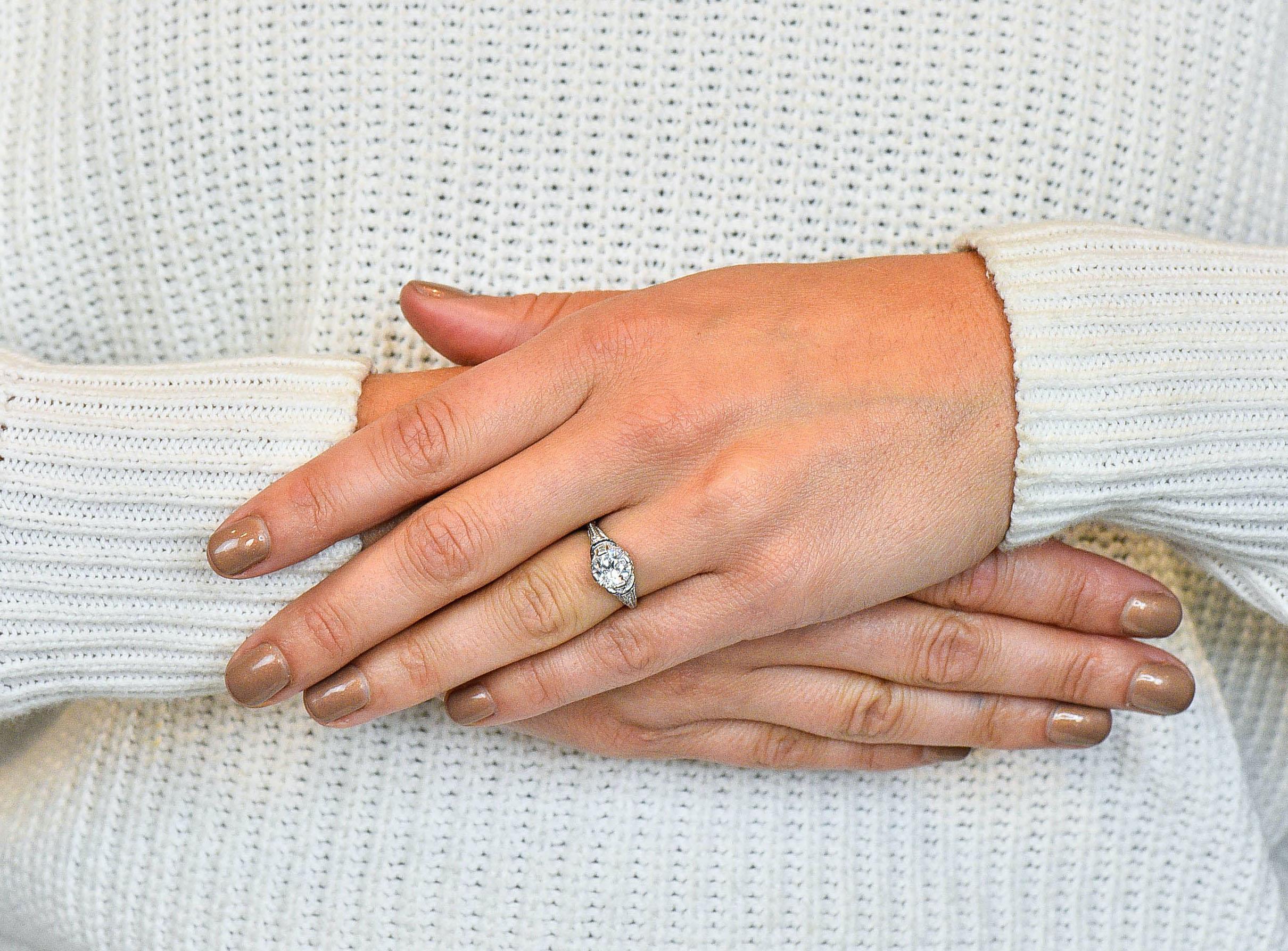 Art Deco 1.45 Carat Diamond Sapphire Platinum Engagement Ring 7