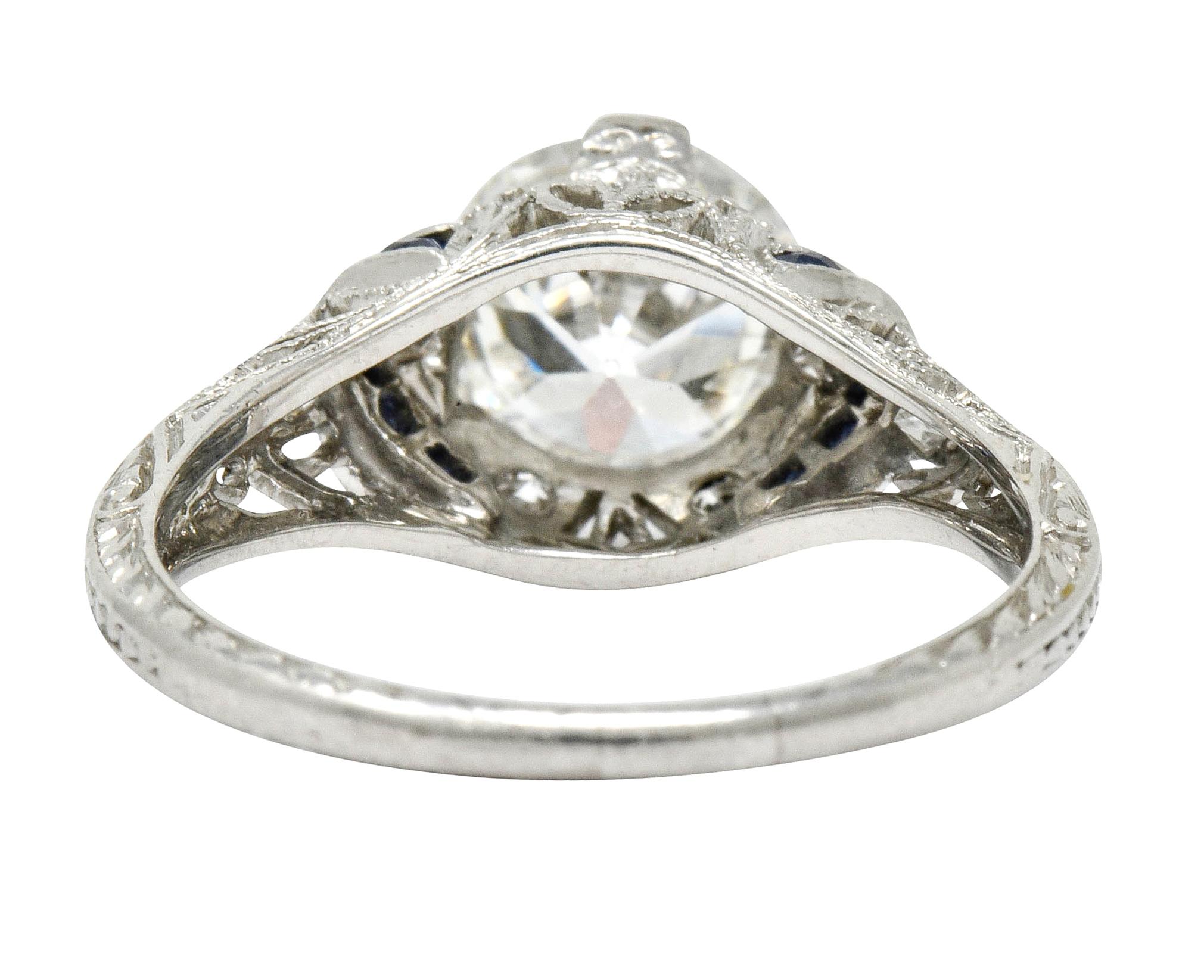 Old European Cut Art Deco 1.45 Carat Diamond Sapphire Platinum Engagement Ring